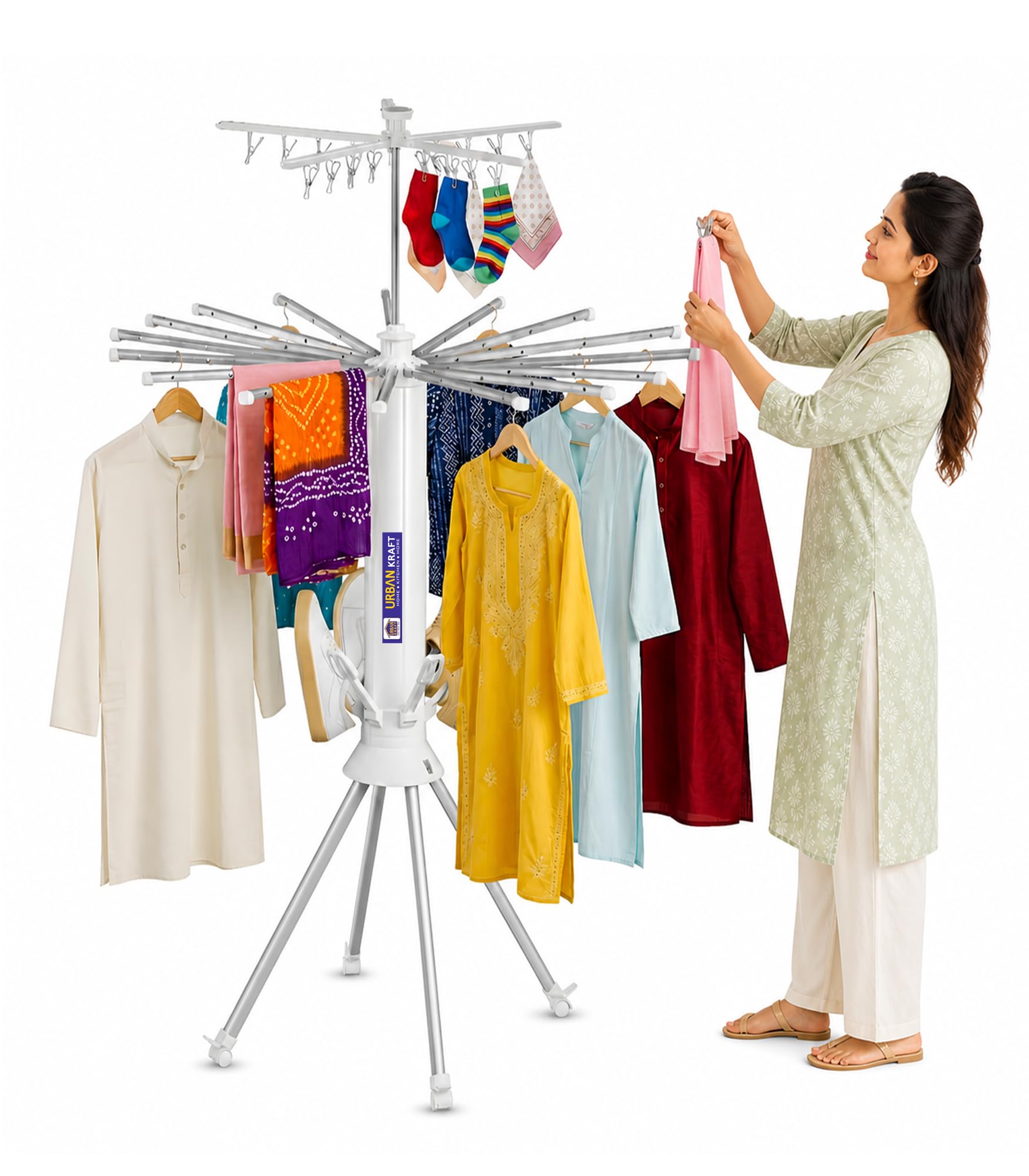 URBAN KRAFT Octopus Foldable Rotating Cloth Drying Rack, 360° Multi-Layer Space Saving Laundry Stand with Lockable Wheels, 4 Pulleys, 20 Clips, 6 Shoe Dryers Rods for Indoor/Outdoor-picture-35