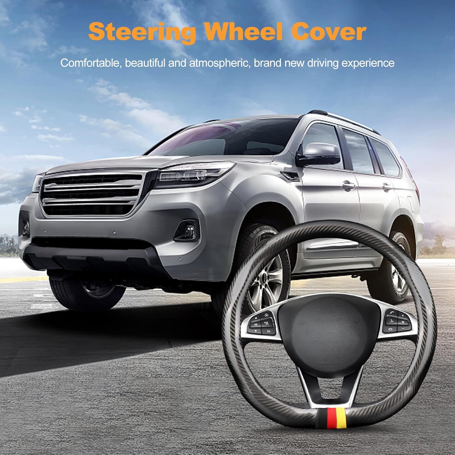 Ergocar D-Shape Car Steering Wheel Cover, Carbon Fiber and Top Layer Cowhide Steering Wheel Cover, Breathable Anti-Slip Car Steering Wheel Cover Leather, Universal 38CM for Fit Four Seasons