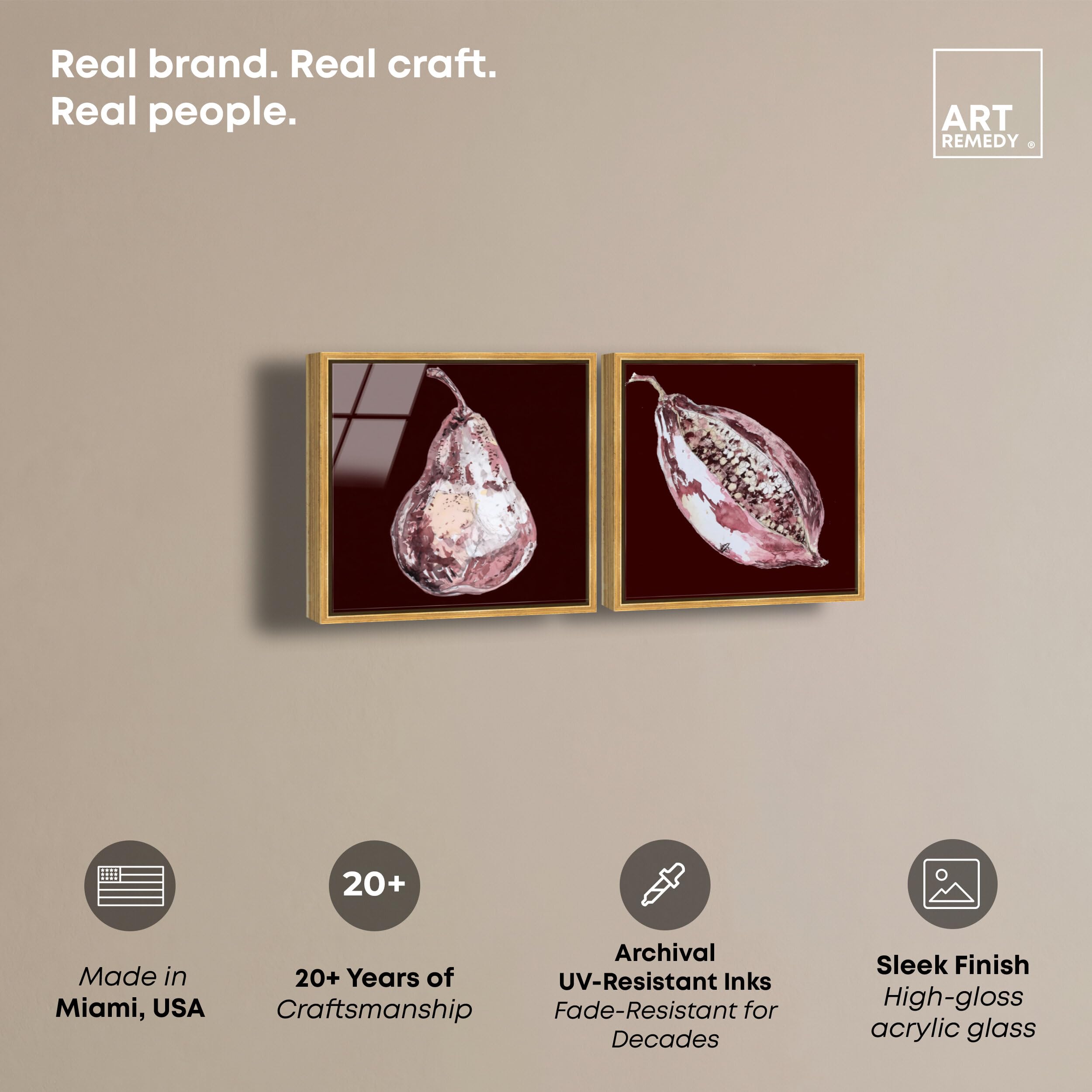 Art Remedy Gerahmter Acryldruck, Blumenmuster, abstraktes Kunst-Set, goldener Rahmen, 50,8 x 50,8 cm, Kastanienbraun