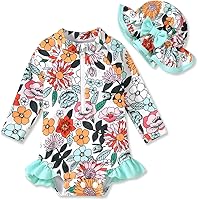 Vista 52 de Aalizzwell Traje de baño de una pieza de manga larga con sombrero para bebé niña Sirena cian