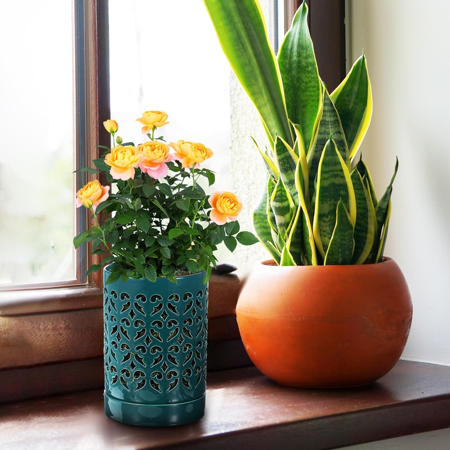 SUPVOX Ceramic Orchid Pot with Drainage Holes and Saucer 4.13 Inch Hollow Out Planter Pot for Indoor Plants Gardening and Orchid Care