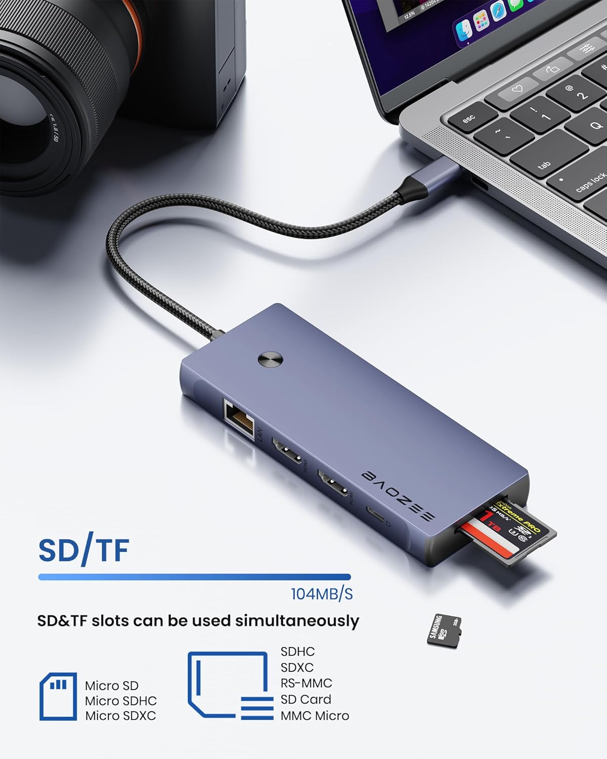 Laptop Docking Station Dual Monitor, 10-in-1 USB-C Hub with Dual HDMI 4K, Ethernet, PD 100W Charging, USB 3.0 USB-A and USB-C with 5Gbps Data Transfer, SD/TF Card Reader, for MacBook, and More