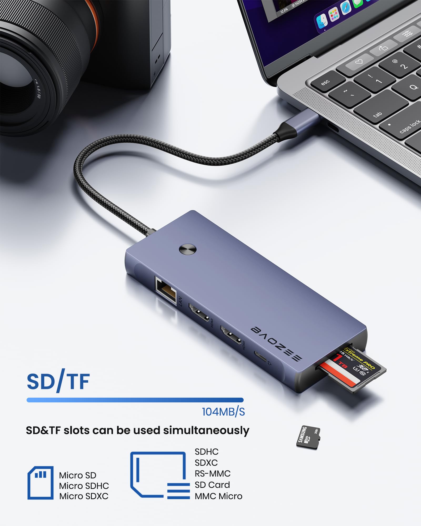 Docking station per laptop Dual Monitor, hub USB-C 10 in 1 con doppio HDMI 4K, Ethernet, ricarica PD 100W, USB 3.0 USB-A e USB-C con trasferimento dati da 5 Gbps, lettore di schede SD/TF, per