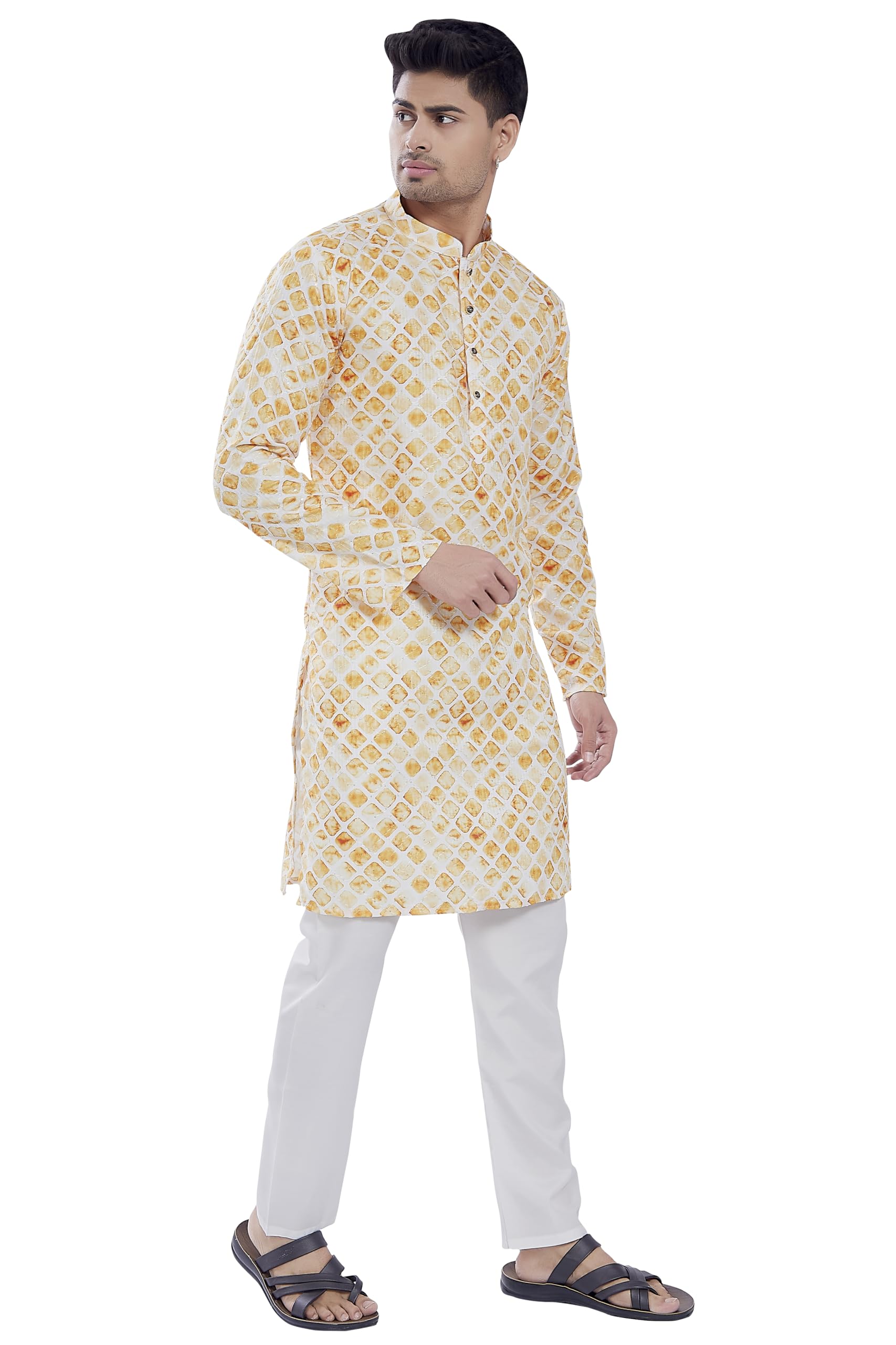 Divisive Men's Sequince Embroidered Printed Cotton Blend Only Slim Fit Kurta (Dkrt683_Xl_Cream Yellow)