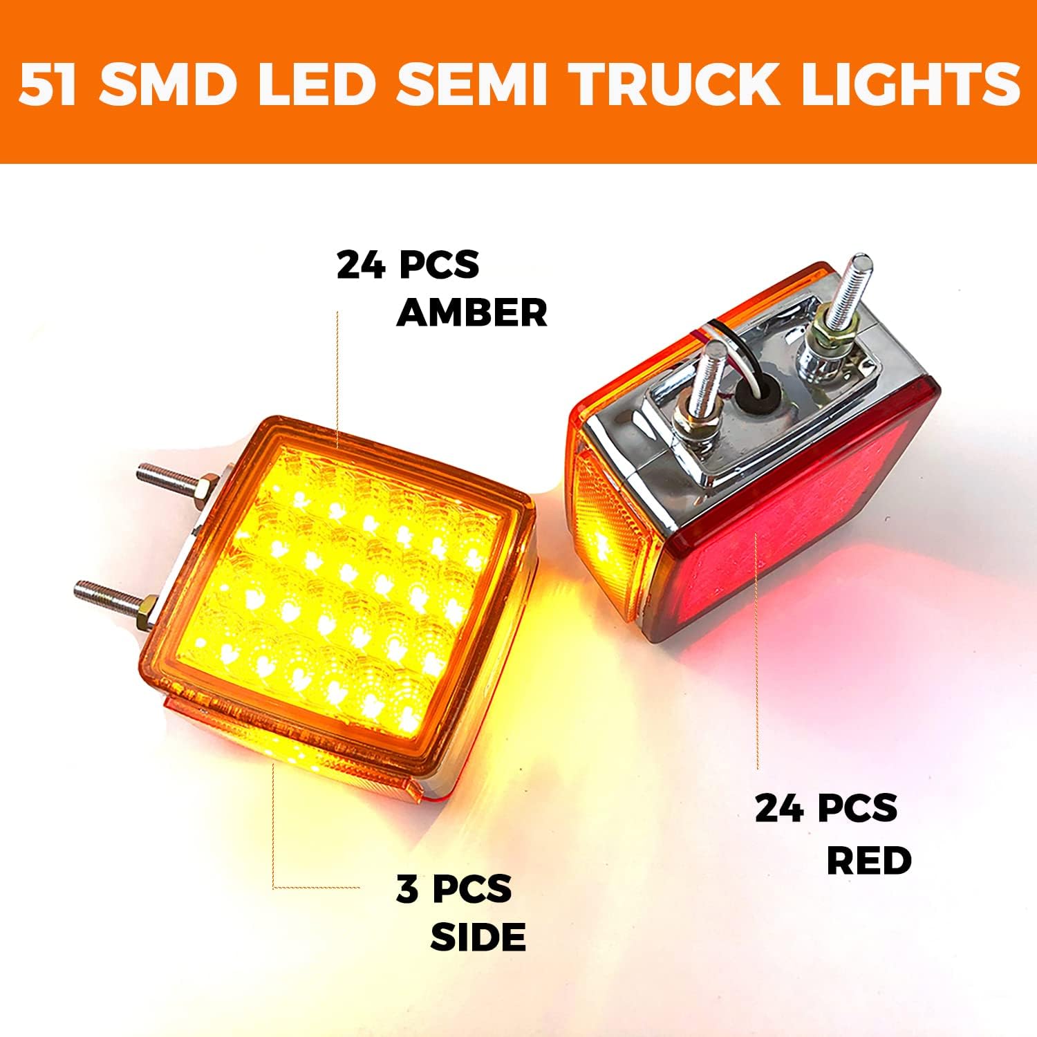 2Pack Truck Trailer Fender Pedestal Turn Signal Light Square Dual Face Amber/Red 51 LED Fender Clearance Lights Stud Mount for Tractor Semi-Trailer Lorry Van Trucks Kenworth Topkick | 51LED AmberRed Square Dual Face Truck Trailer Universal Fit