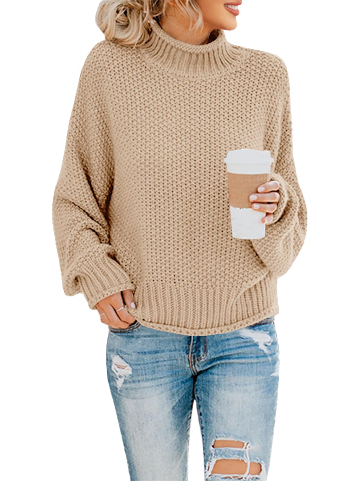 Saodimallsu Womens Turtleneck Oversized Sweaters Batwing Long Sleeve Pullover Loose Chunky Knit Jumper