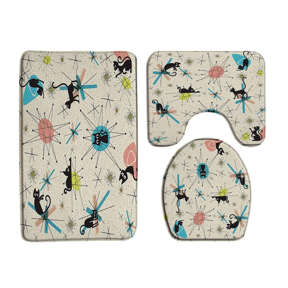 Mid Century Black Cat 3 Pcs Bath Rugs Set,Atomic Starbursts Cat Modern Abstract Geometric Iconic Vintage 1950s 1960s Bathroom Kitchen Rug with 16