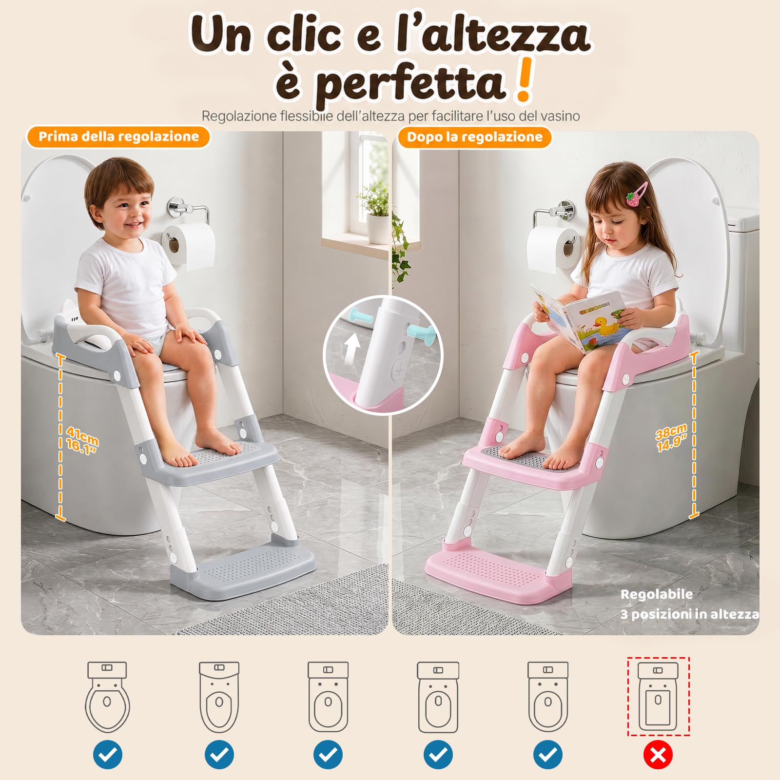 Riduttore WC Bambini, Stabile con Pedale e Maniglia, Rosa | Pedale Allungato e Antiscivolo, Facile da Montare e Riporre, Altezza Regolabile, Antischizzo Per Bambini E Bambine In Bagno