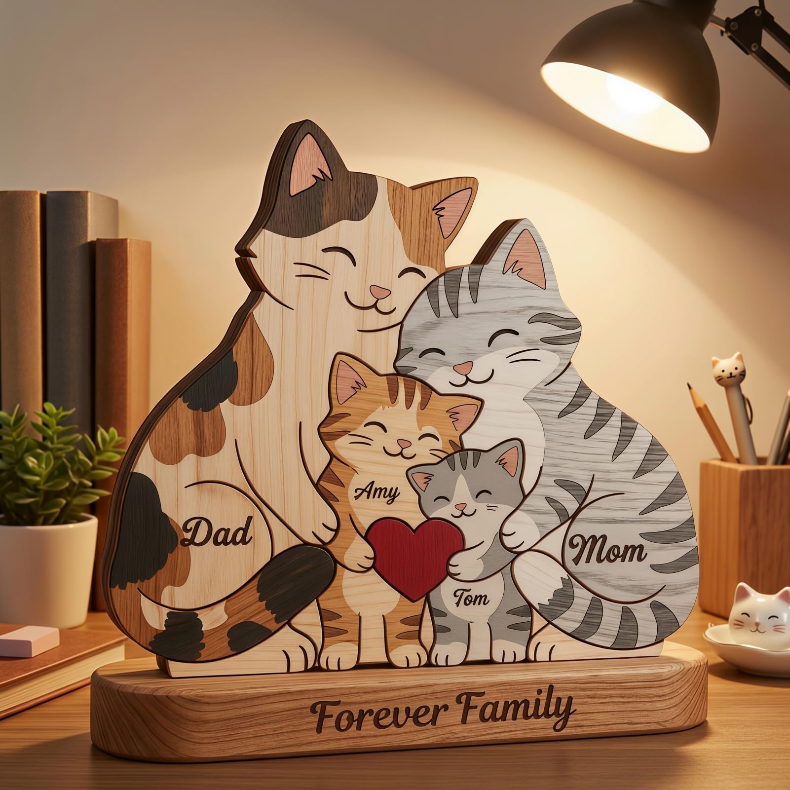 Drawelry Festa della Mamma Puzzle Famiglia Legno Personalizzato, Puzzle Legno Famiglia Personalizzato Animali con 2-10 nomi, Compleanno Natale Anniversario Decorazioni Casa (Gatto colorato)