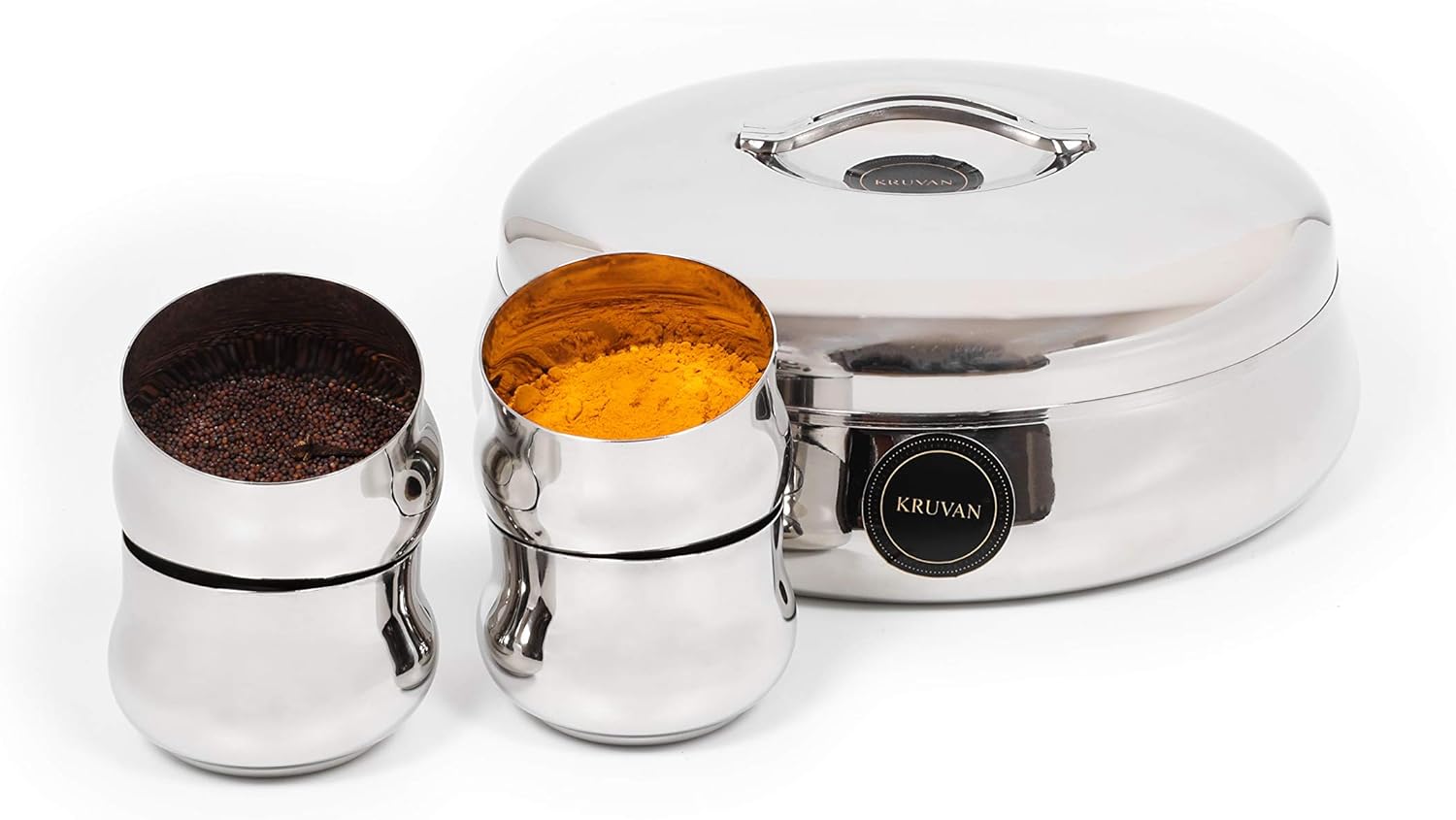 Stainless Steel Smart Kitchen Masala Dabba/Spice-box/Organiser/masala-dani with 7 Containers and Spoon, Lid with Handle (Small, Silver)