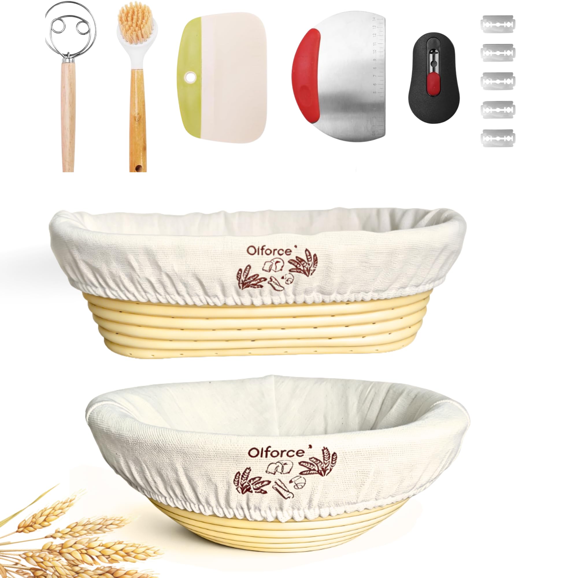 Banneton Runde ovale Brotkörbe mit Einlagen und Abdeckungen, Brot, Käsepaste, Pinsel, Schüsselschaber und Edelstahlschaber zum Backen