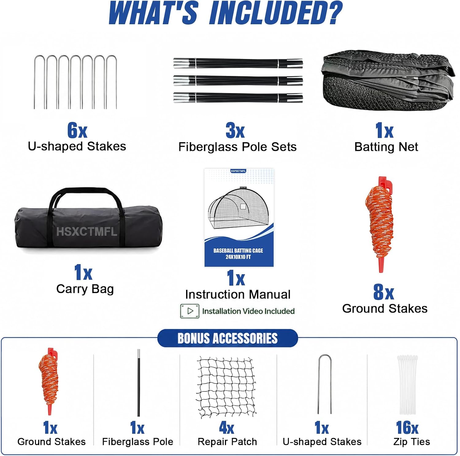 Baseball & Softball Practice Batting Cage,24x10x10ft Batting Net | Portable Batting Net for Backyard,Outdoor Heavy Duty 4-Ply Polyester Net,Fiberglass Frame Batting Cage with Zipper Door