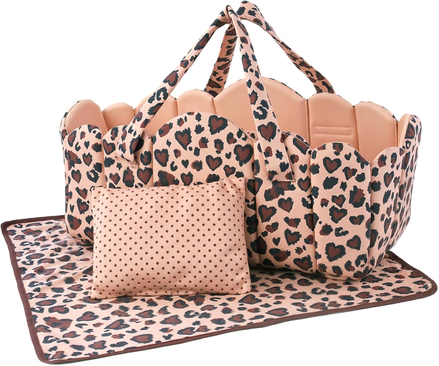 BABESIDE 3 Pcs Baby Doll Bassinet with Doll Bedding Set for 17-22 Inch Babydolls, Cute Heart Leopard Print Baby Dolls Crib with Pillow Blanket for Reborn Baby Doll Accessories, Brown