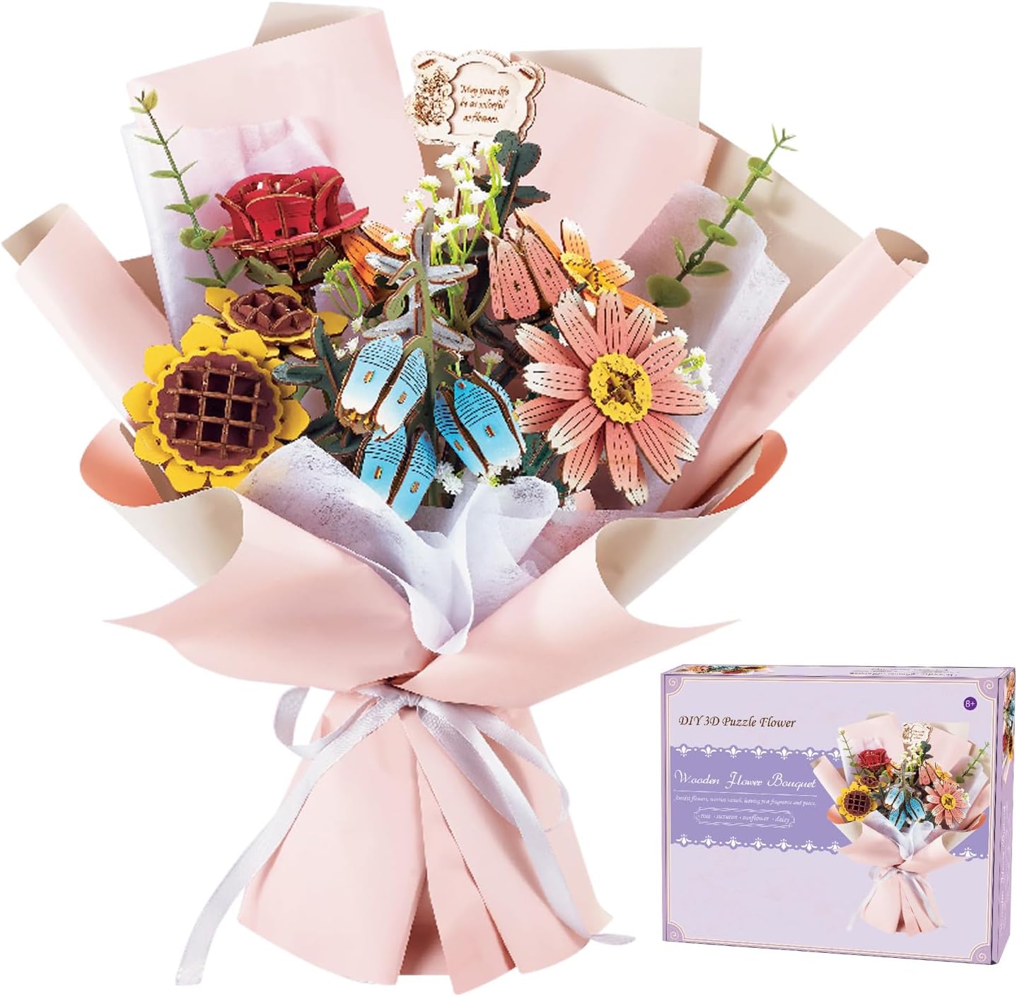 3D Puzzles Wooden Flower for Adults - Wooden Flowers Bouquets for Decorative Home Accessories - Gift Idea for Him and Her Botanical Collection and Table Art for Adults