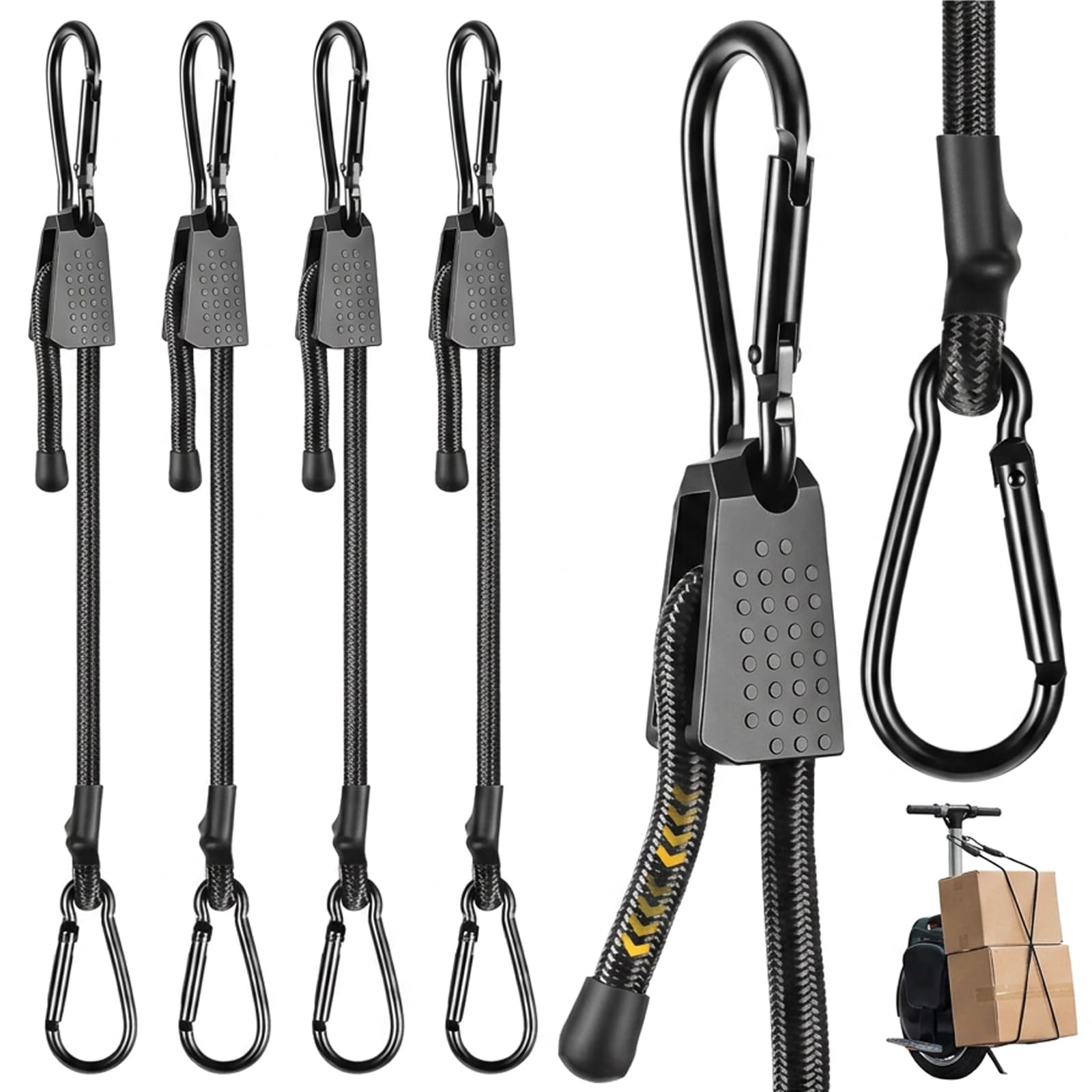 4Pcs Adjustable Bungee Cords, 1-Meter Heavy Duty Elastic, Straps Adjustable Bungee Cords for Securing Luggage on Car Roof Racks and Camping Equipment with Carabiner Hooks
