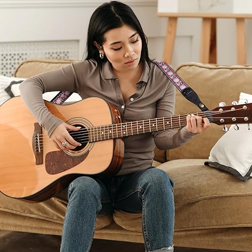 Miniatura 6 de Correa de guitarra, correas de algodón bordado jacquard con extremos de cuero genuino correa de hombro para bajo, acústico, guitarra eléctrica