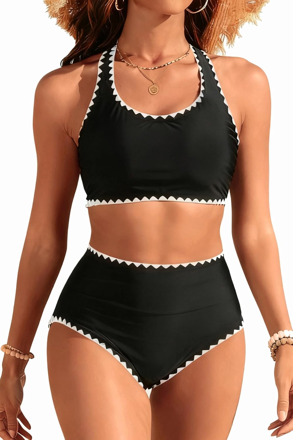 Holipick Women High Waisted Bikini Set Two Piece Scoop Neck Swimsuit Criss Cross Back Bathing Suit