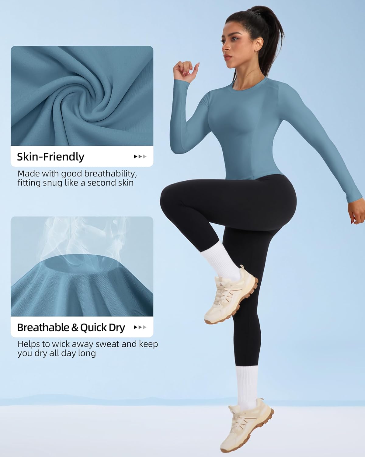 Women's Long Sleeve Compression Shirts Workout Shirts Breathable Athletic Tops Slim for Yoga Running Gym - Image 5