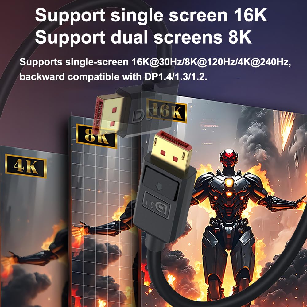 Câble DisplayPort 2.1 52 Gbit/s 1,8 m, 16K @ 30 Hz/8K @ 120 Hz/4K @ 240 Hz 165 Hz 144 Hz, 3D, HDR dynamique, Dolby eARC, angle supérieur DP mâle pour moniteur de jeu FreeSync G-Sync, PS5/4