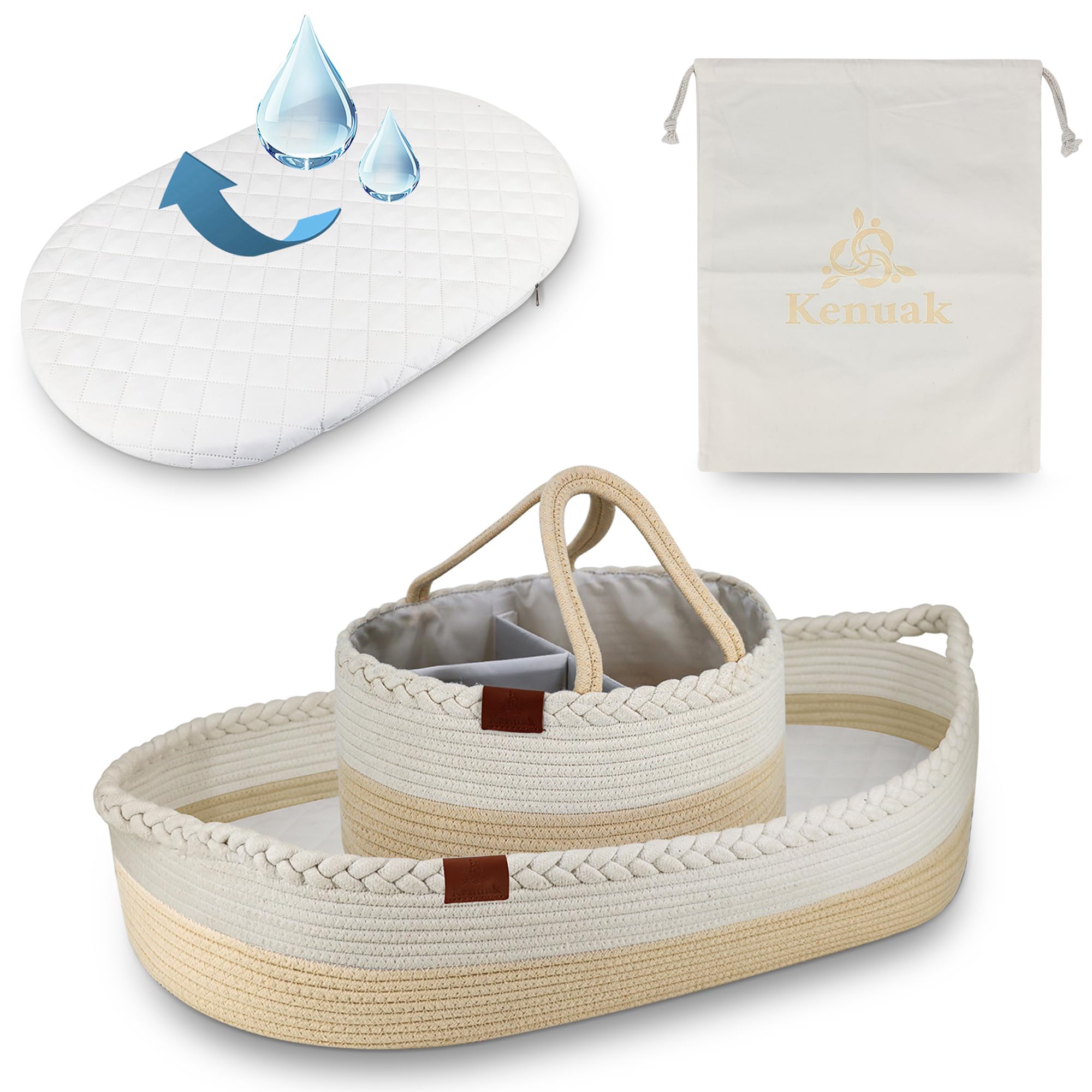 Cesta Cambiador Bebé Portátil, Canasta Mueble Recién Nacido, Cambiador de Mesa Impermeable Pañales, Funda Extraíble Suave con Cremallera, Nido Plegable de Viaje 100% Algodón Natural (Beige)