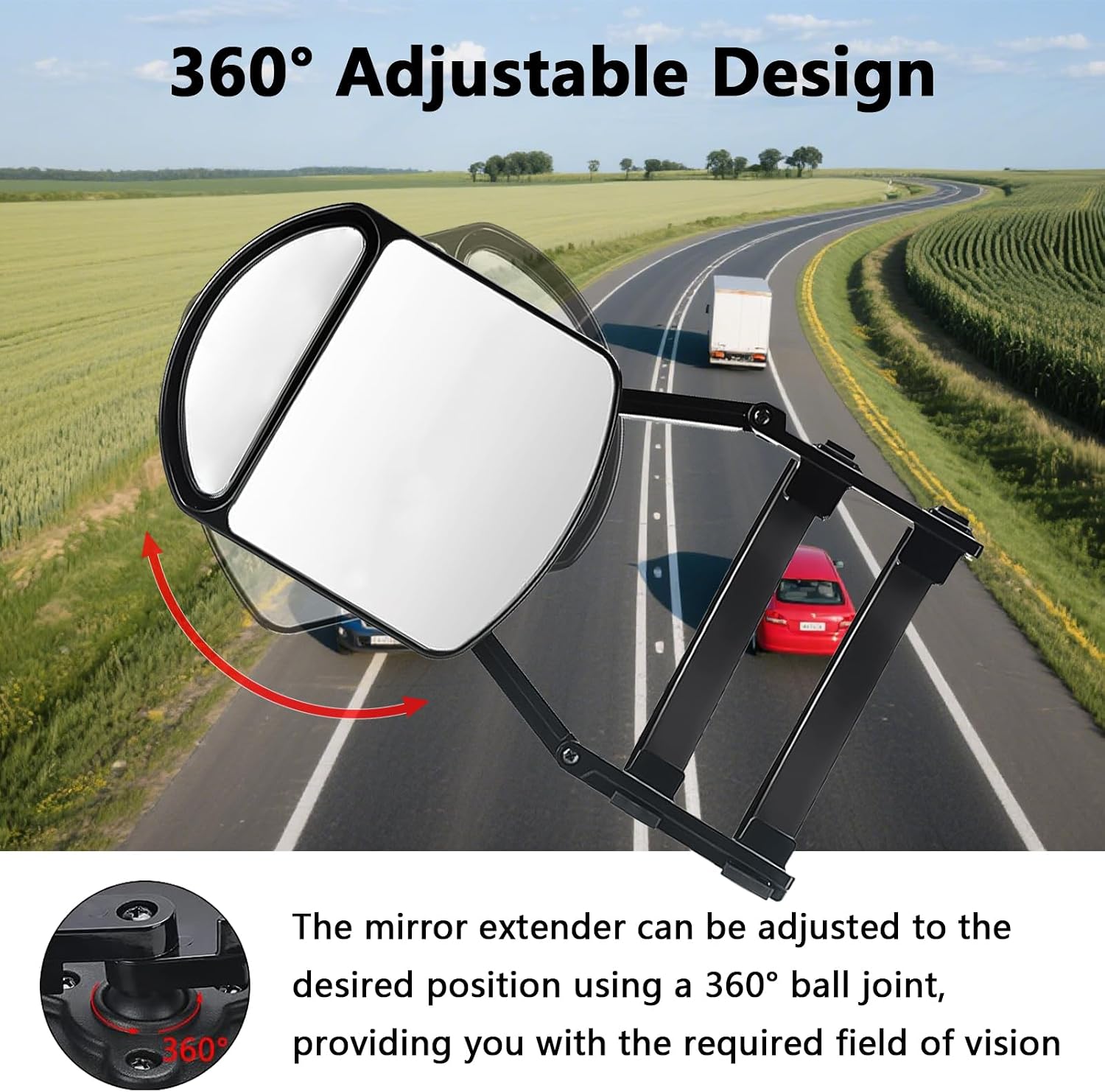 Towing Mirrors Extenders, Clip-on Side Mirror Extensions for Towing, Adjustable 360 Degree Rotation Dual View Tow Mirrors for Vehicle Car Truck Trailer, 2 PCS