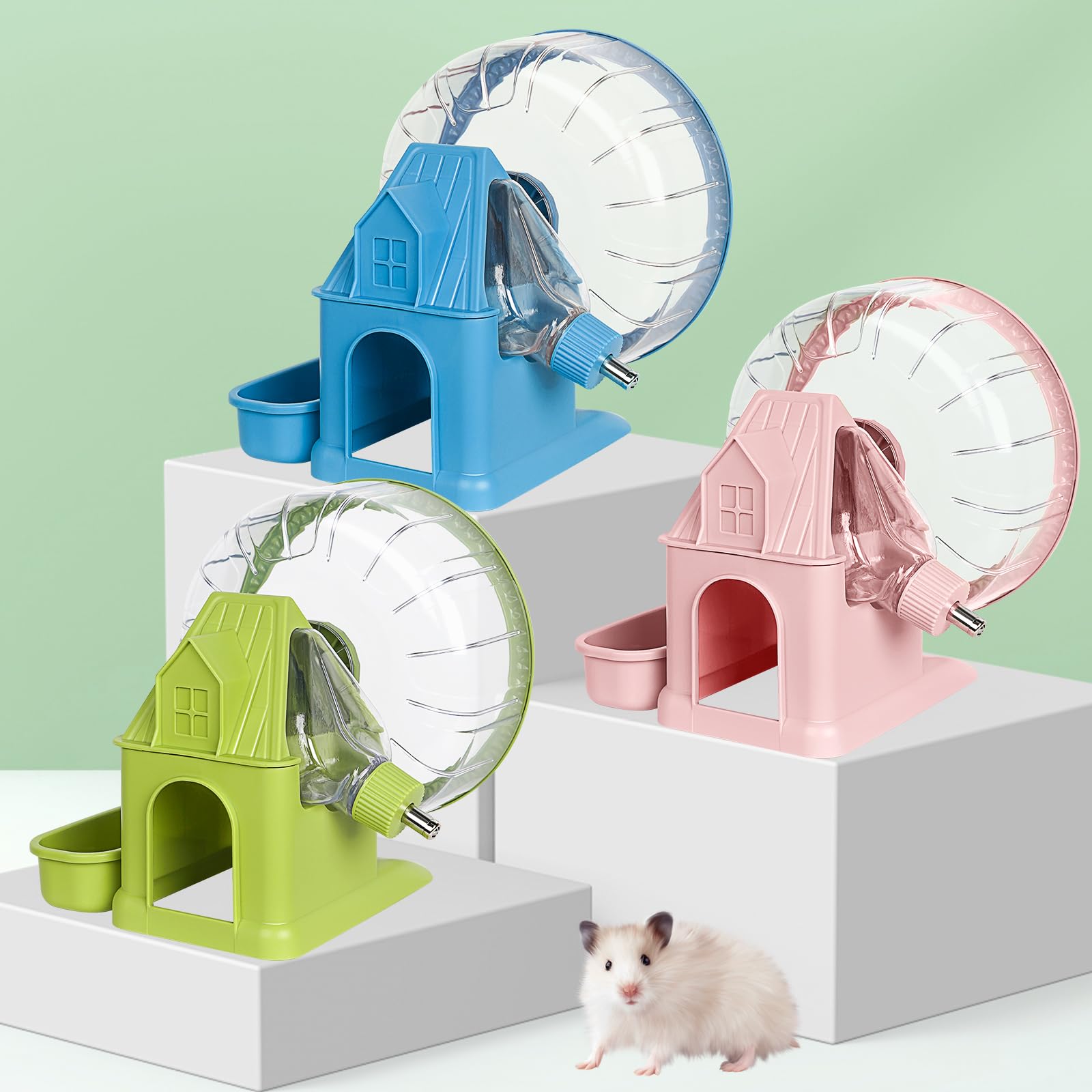 Vannon Roues d'exercice 4 en 1 super silencieuses pour hamster avec bouteille d'eau, récipient alimentaire et base cachette, grande roue rotative pour hamster, gerbilles, souris, vert