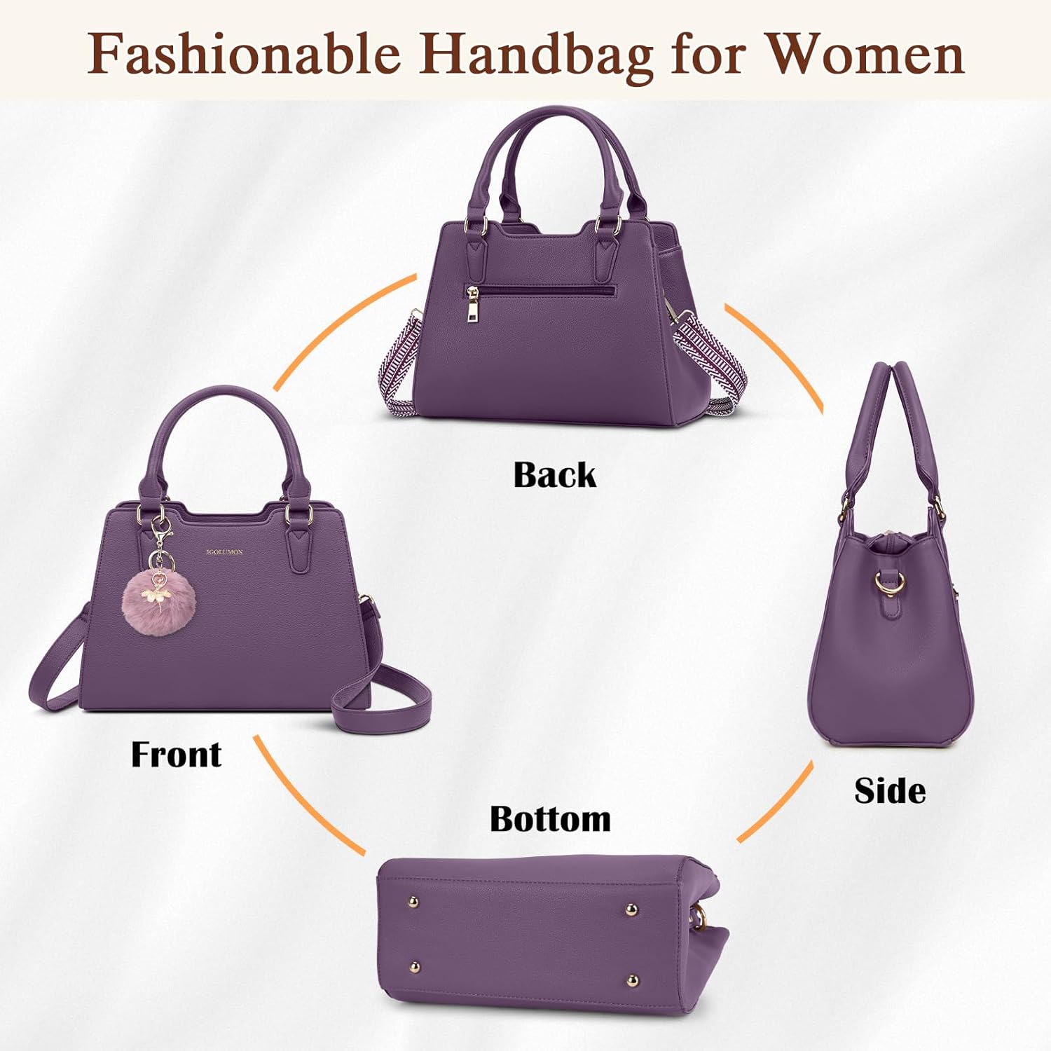 IGOLUMON Women's Top-Handle Handbags PU Vegan Leather Satchel Purses for Women Designer Tote Purse Handbag with Cute Pompom - Image 7