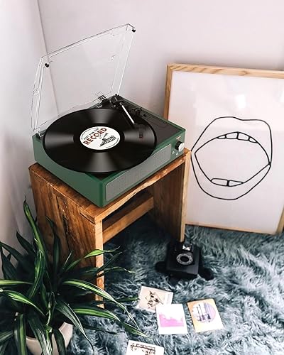 Miniatura 7 de Tocadiscos de vinilo con altavoces, receptor inalámbrico, 3 velocidades RPM LP, fonógrafo, auriculares accionados por correa, AUX RCA, parada