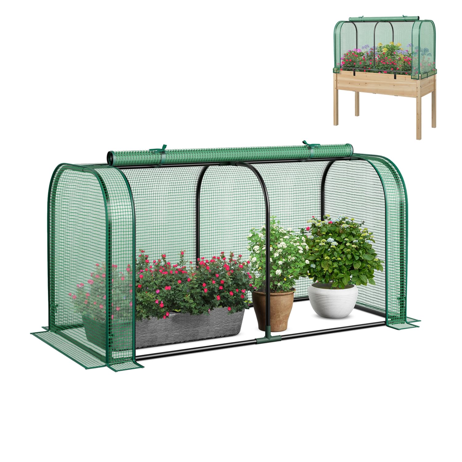 GOPLUS Mini Invernadero Portátil, 118 x 55 x 60 cm, Invernadero Exterior con Puerta Enrollable, Estacas de Tierra, Estructura de Metal, Cubierta PE Impermeable, para Verduras Flores Plantas (Verde)