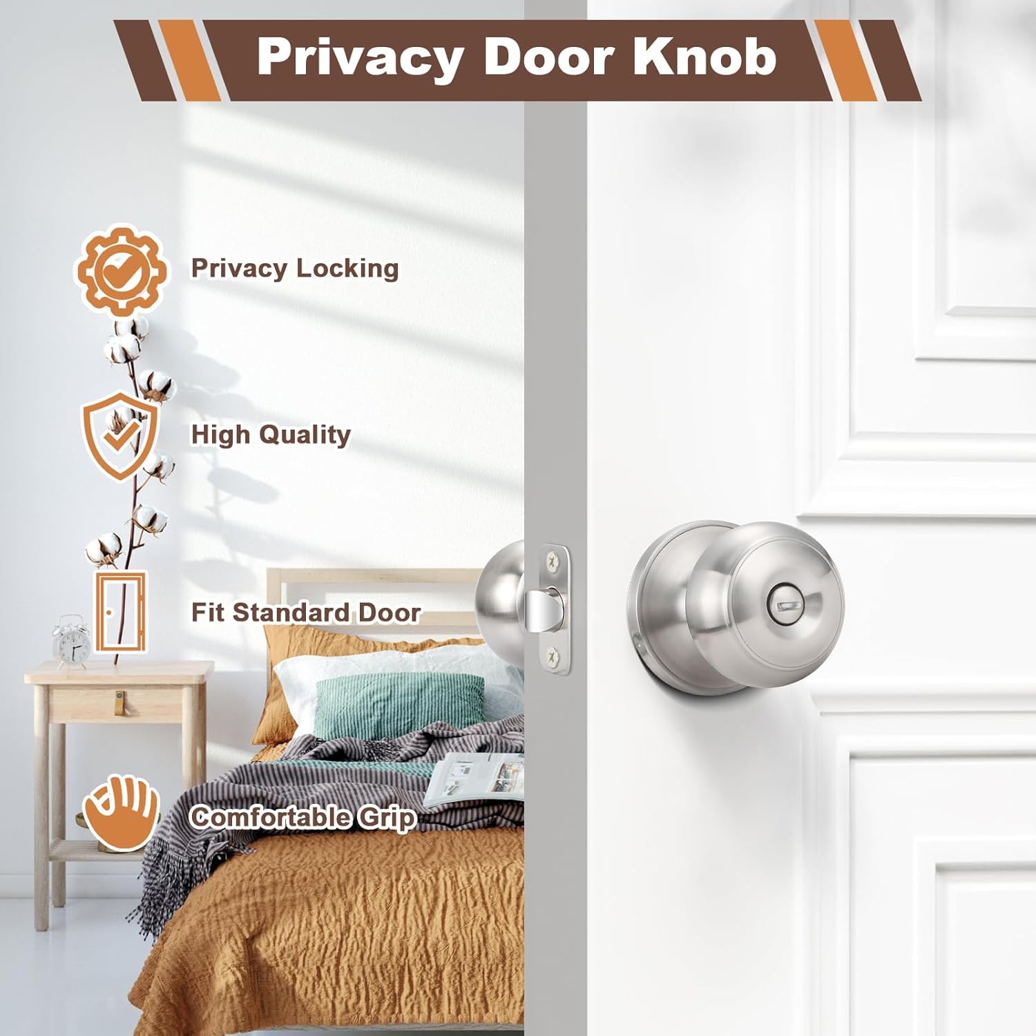 Estmoon 6 Pack Brushed Nickel Door Knobs, Privacy Door Lock Silver Keyless Door Handle with Lock for Bathroom Bedroom, Keyless Door Hardware