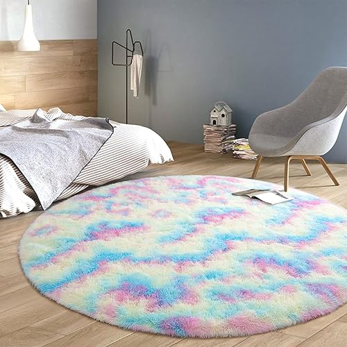 Miniatura 4 de junovo Alfombras redondas suaves de arco iris para habitación de niñas, alfombras circulares coloridas y esponjosas para dormitorio de niños, bonita