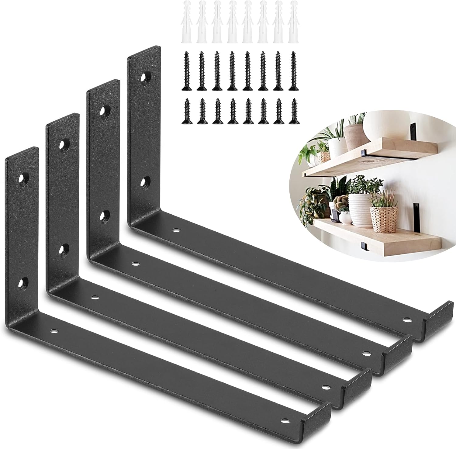 Shelf Brackets, 12 Inch Heavy Duty 1/5 inch Metal J Brackets for Wood Shelves, Rustic Matte Black L Shelf Bracket Wall Mount with Lip, for DIY Open Shelving, 4 Pack