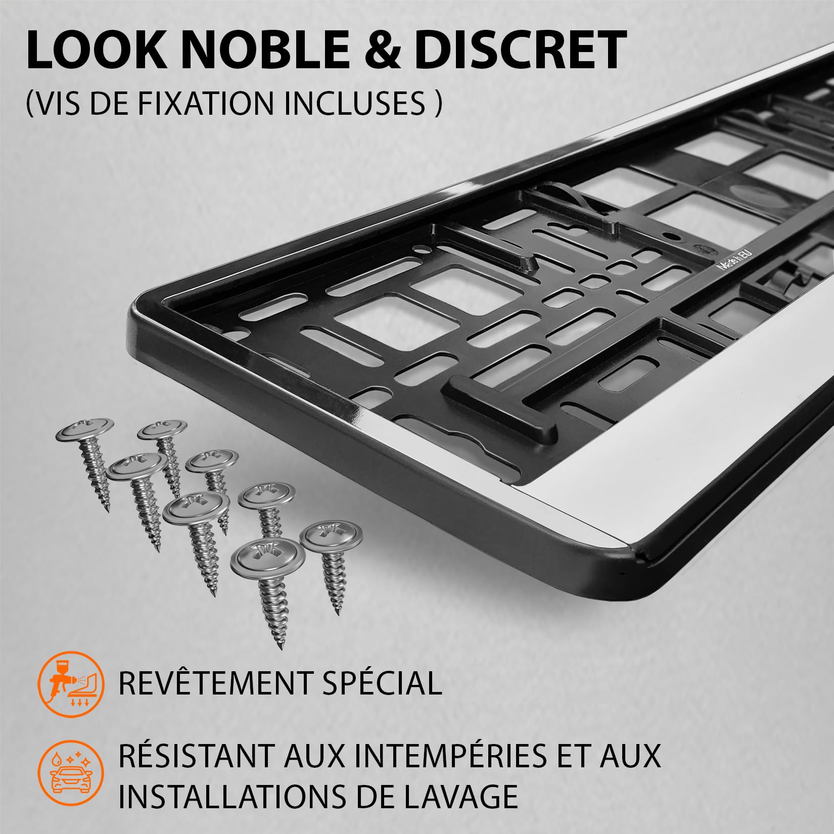 Support Plaque Immatriculation Voiture - [Simple, Durable et sur] - Lot de 2 avec 8 Vis - 520x110 mm - Optique Chrome - Auto Porte Plaque Immatriculation adapté pour Toute Voiture - Fixation Plaque