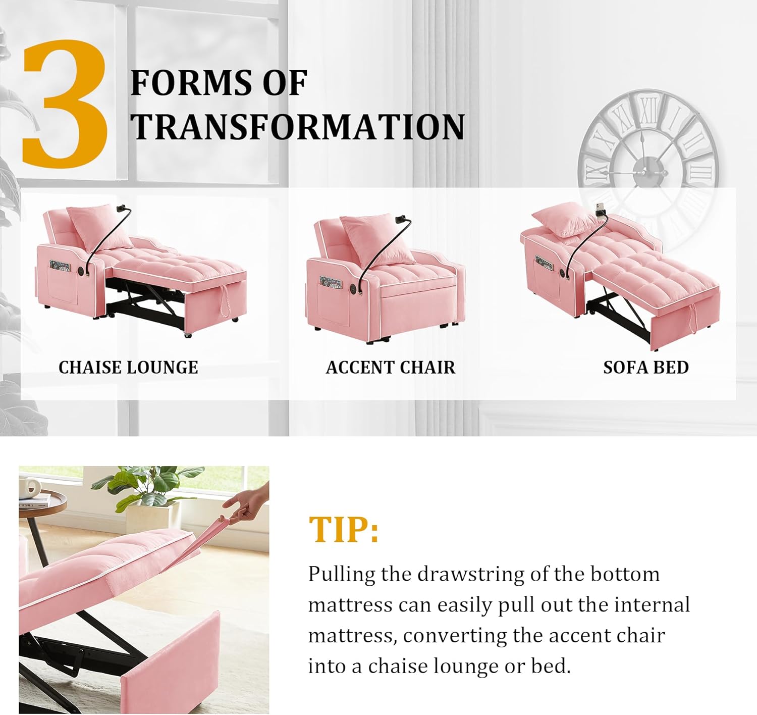 ZEIINPA 3 in 1 Single Sleeper Sofa Chair with Pullout Bed, Velvet Convertible Pull Out Couch with Adjustable Backrest, Modern Chaise Lounge with USB Port & Phone Holder for Living Room, Pink
