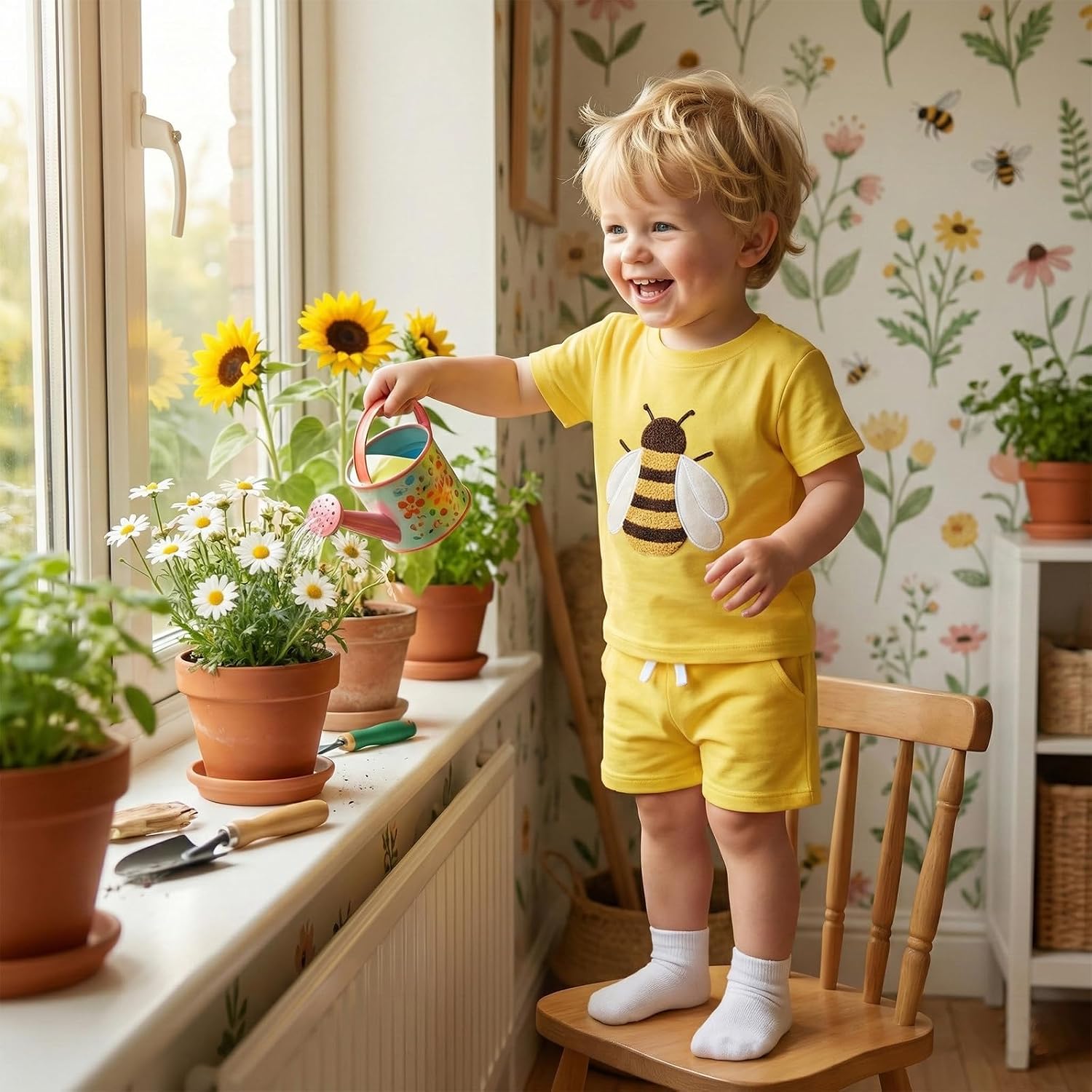 Baby Girl Boy Summer Clothes Bee Print Top Short Sleeve Floral Shirt and Shorts Set Infant Toddler Cowgirl Outfit