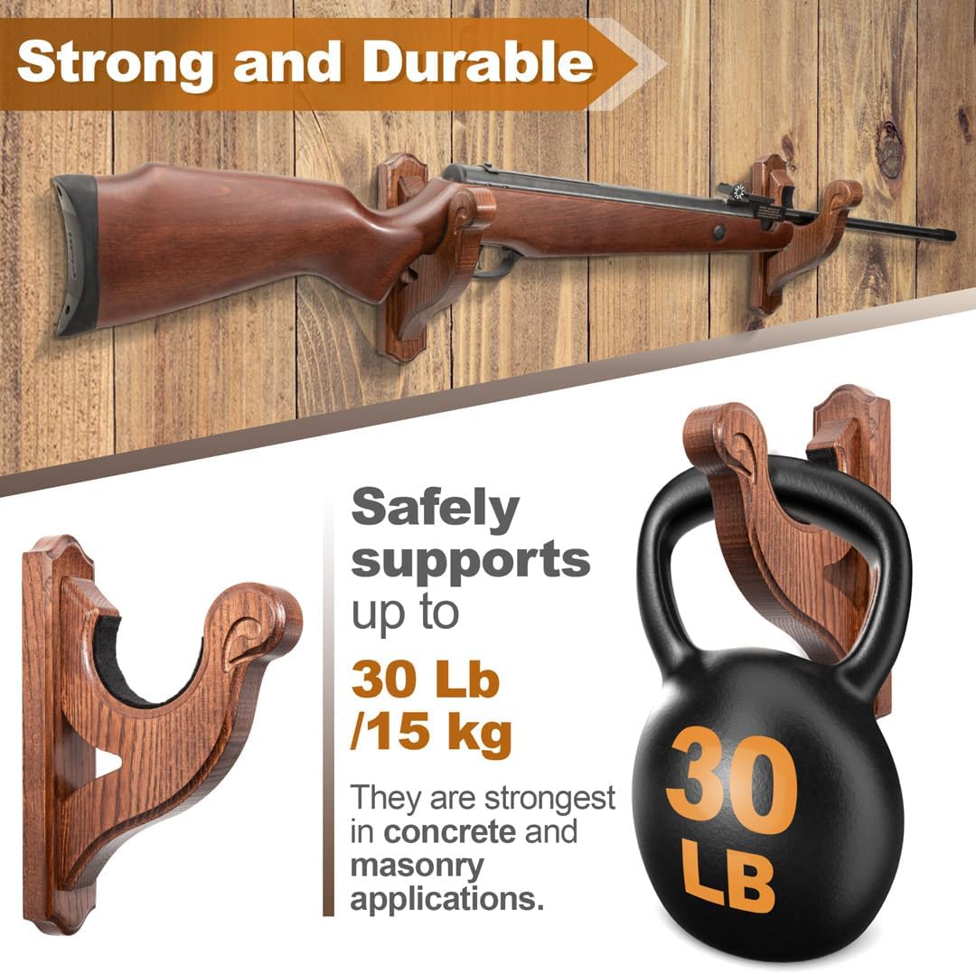 TESLYAR Gun Holder Wall Mount - Forked Rifle Hooks for Shotguns and Rifles, Wooden Gun Rack, Real Hardwood, Set of 2, Brown Finish, Rifle Wall Mount Display