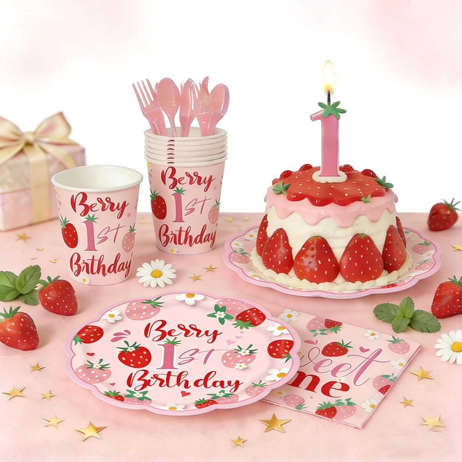 Strawberry 1st Birthday Party Supplies for Girls - 193PCS Sweet One Birthday Decorations Tableware Set with Plates, Cups, Napkins, Cutlery, Tablecloth & Banner for Berry First Birthday Party