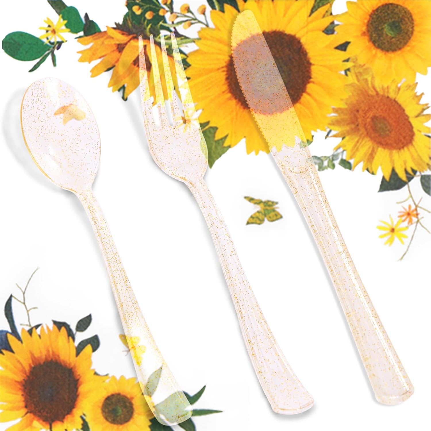Sunflower Party Decorations-168PCS Sunflower Plates and Napkins Party Supplies,Yellow Paper Plates with Gold Glitter Cultery for Birthday Baby Shower Decorations Serve 24 Guests image 5