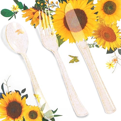 Miniatura 5 de Decoraciones de fiesta de girasoles 168 platos de girasol y servilletas, suministros de fiesta, platos de papel amarillo con purpurina dorada para