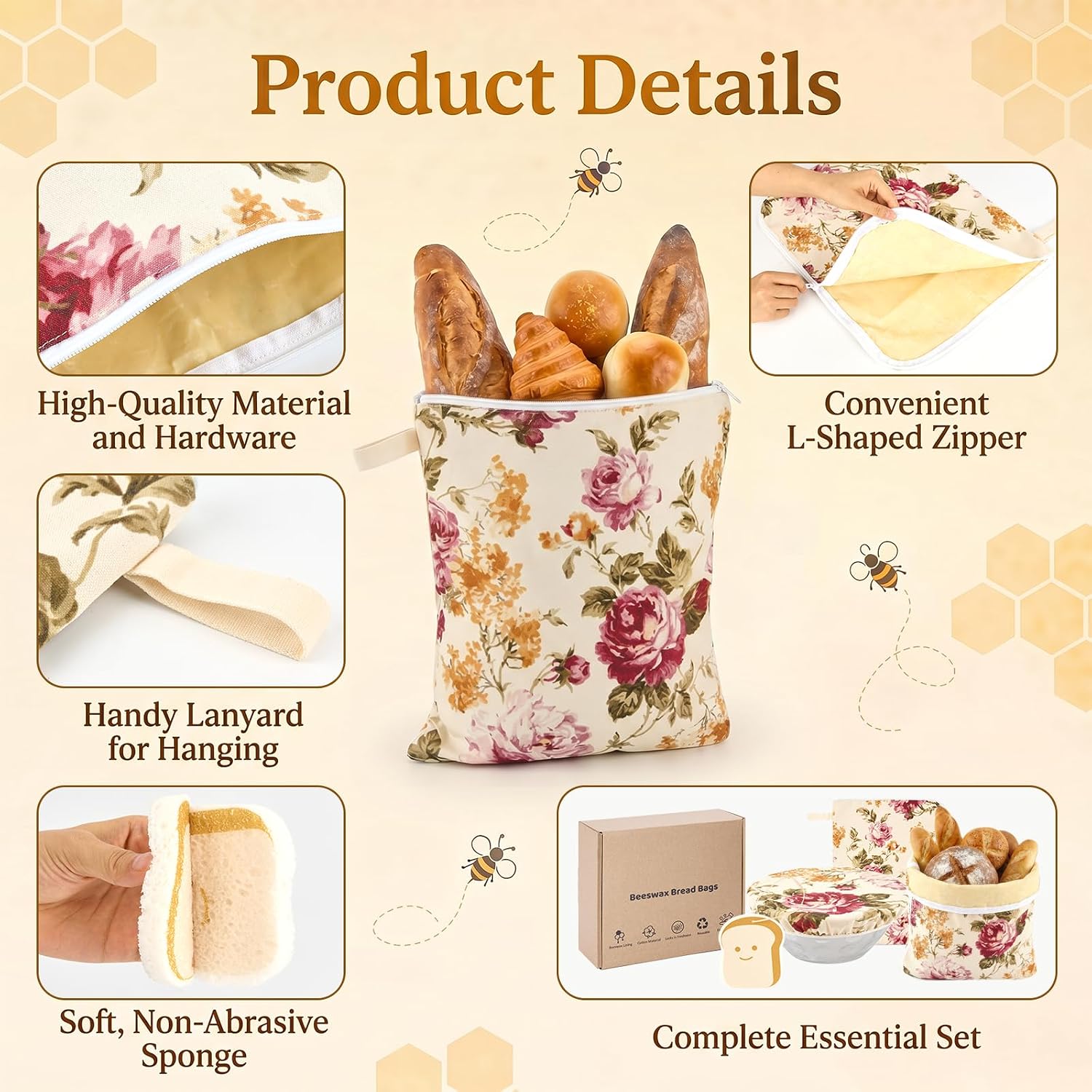2 Pack XL Beeswax Bread Bags for Sourdough, Organic Beeswax Linen Cotton Bread Storage Bags with Bowl Cover & Cleaning Sponge Set, Fresh Bread Freezer Bags with Sealing Zip for Homesteading (F)