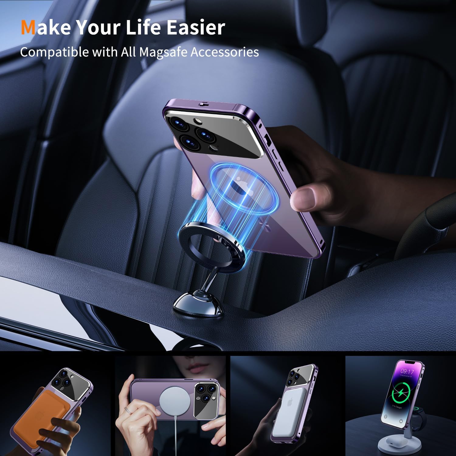 [Full Camera Protection& Mechanical Lock]Magnetic Privacy Case for iPhone 14 Pro Max[Compatible with MagSafe][CD Metal Ring]Full Body Shockproof Metal Bumper, 9H Anti Peeping Glass Cover-Purple - Image 4