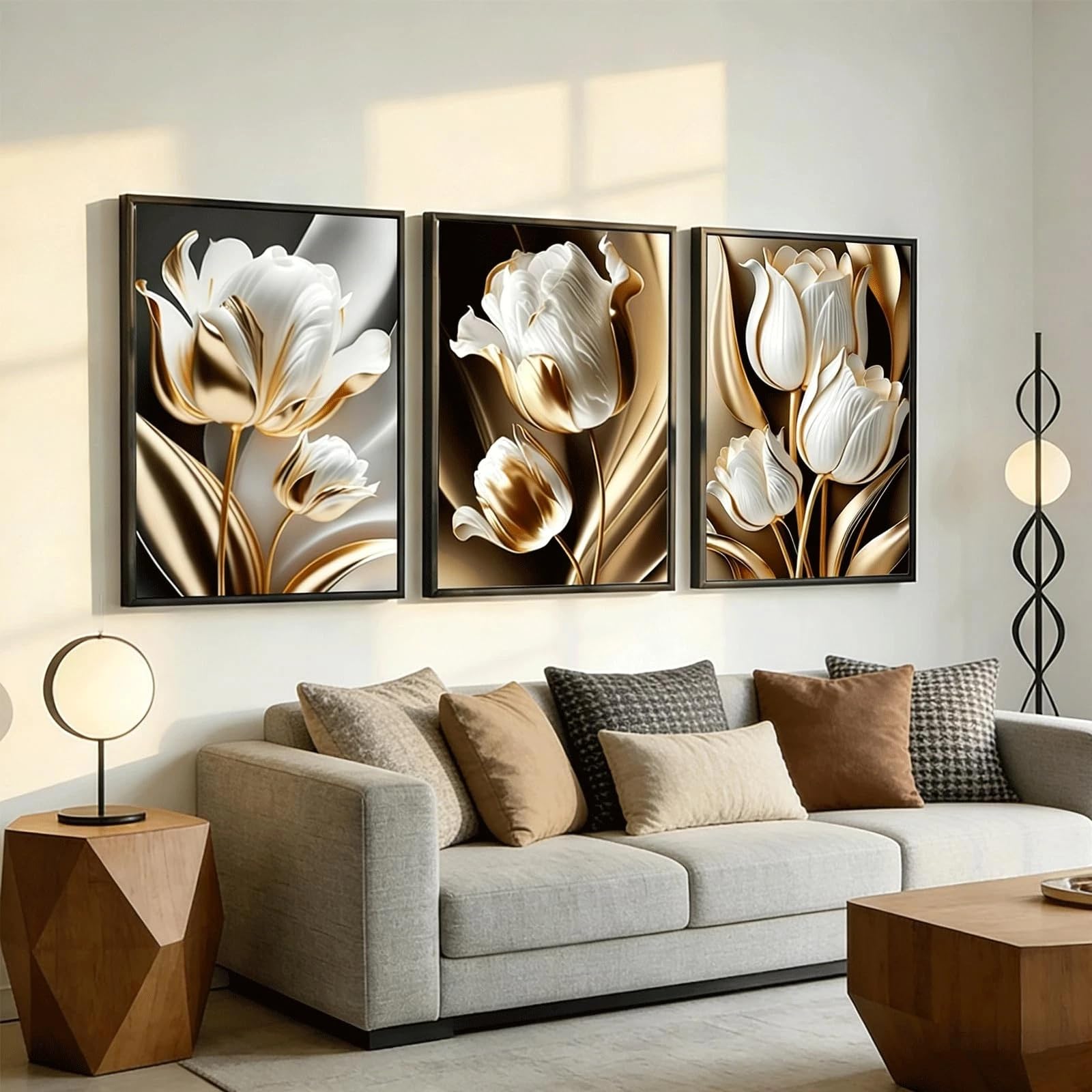 awtrhfc Abstract White Gold Floral Wall Art Modern Luxury Minimalism Painting for Living Room Home Decor(60x80cm(24x31in) x3/No frame)