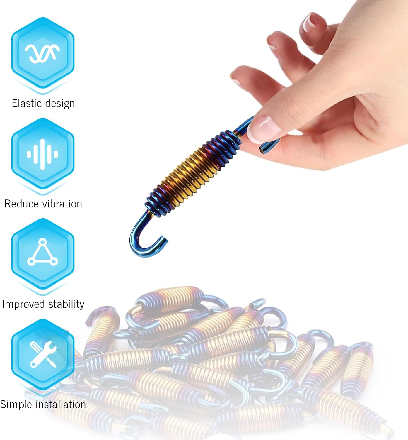 2PCS Motorcycle Exhaust Muffler Spring, 1.57" & 2.36" Reinforced Stainless Steel Motorbike Spring Hooks, Universal for Riding Motorcycles, Scooters, ATVs (Multicolored Blue)