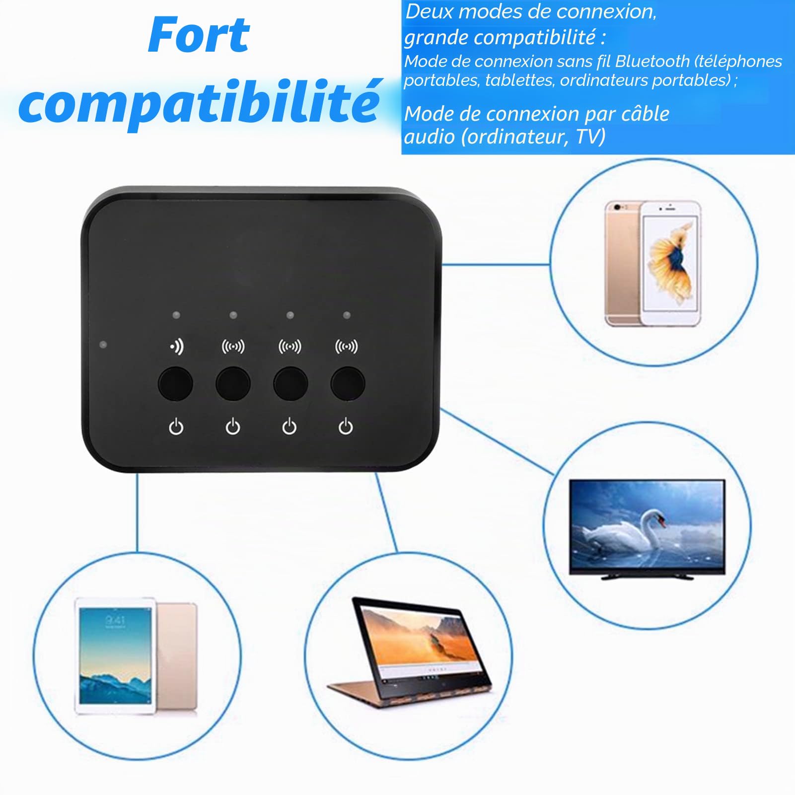 Splitter Bluetooth 1 entrée 3 sorties, adaptateur audio stéréo sans fil filaire 3,5 mm, compatible avec les téléphones mobiles, tablettes, ordinateurs portables, pour écouter de la musique, regarder d