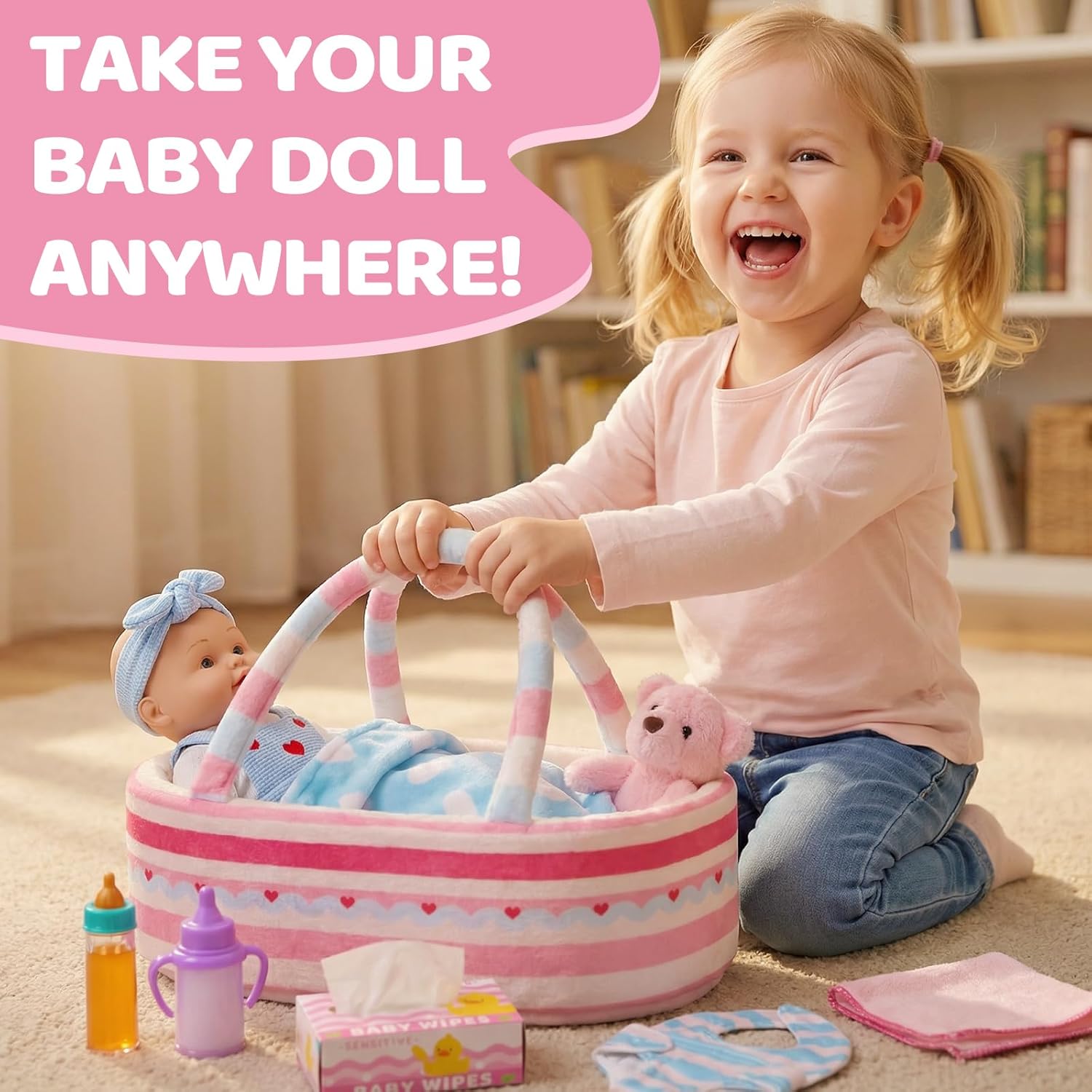 Uzoxlsn 12’’ Baby Doll with Cotton Carrier Bassinet, 15 Pcs Baby Doll Accessories Bedding, Feeding and Caring Set Magic Bottle Pacifier Diaper Blanket Pretend Play Game Gift for Girls Age 3+ Toddler