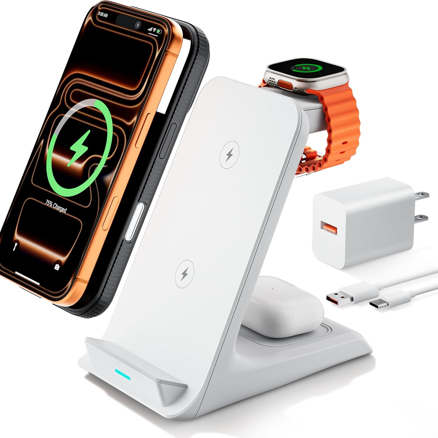 Wireless Charger for Thick Cases of 10MM/Otterbox/Heavy Duty, 3 in 1 Charging Dock for iPhone 17 16 15 14 Pro Max, Phone Stand Charging Station for Multiple Devices for Apple Watch/AirPods