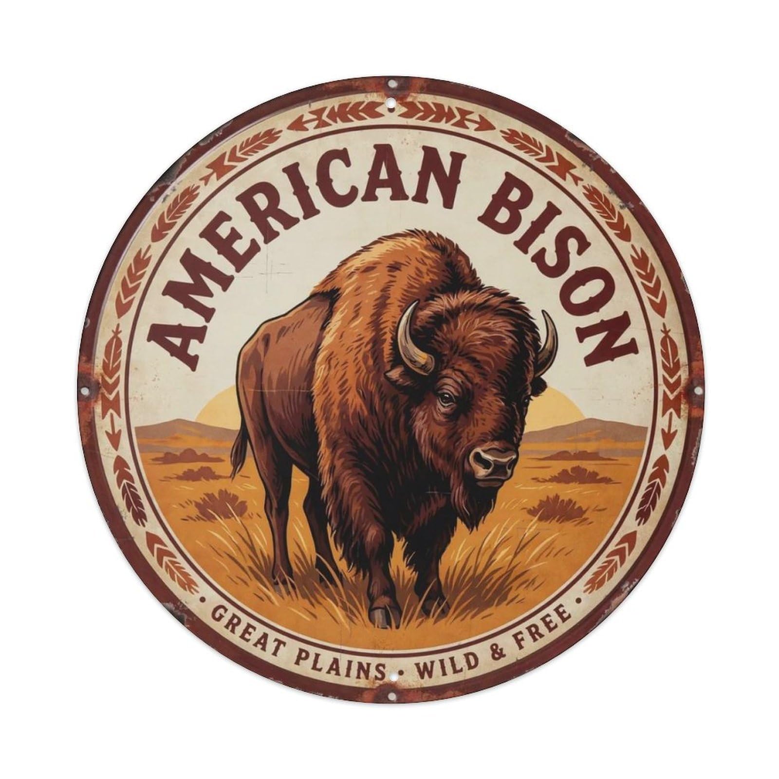 Round Prairie Buffalo Art Sign Metal Tin Sign Plaque