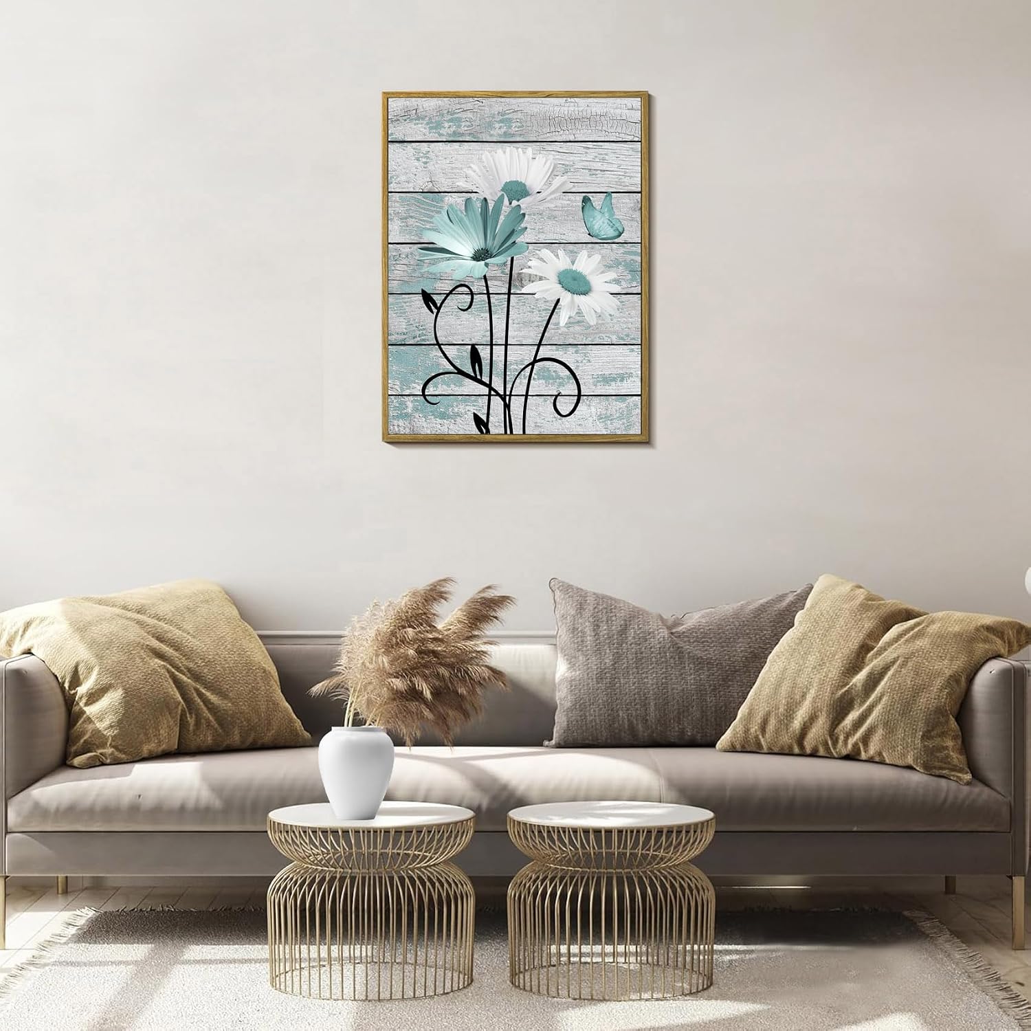 HVEST Farmhouse Teal Floral Framed Wall Art Rustic Daisy Butterfly on Vintage Wood Canvas Wall Art Nature Flower Pictures for Bedroom Living Room Office Decor Framed Artwork, 17L X 12W inches