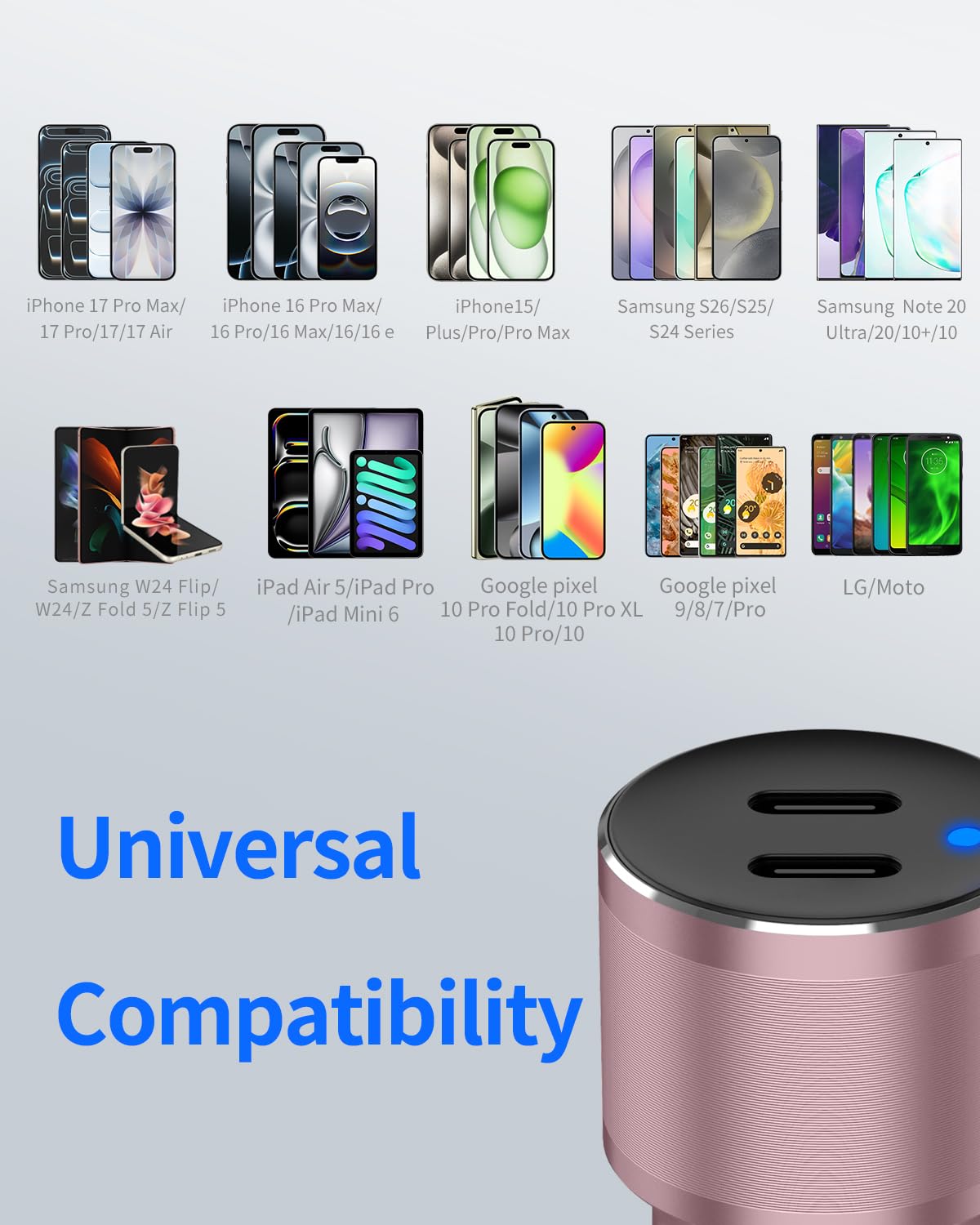 Caricabatteria da auto Dual USB C da 45 W, ricarica super veloce da 90 W, completamente in metallo, 12 V, adattatore per accendisigari per iPhone 17 Pro Max/16/15/iPad, Samsung Galaxy S26+/S25