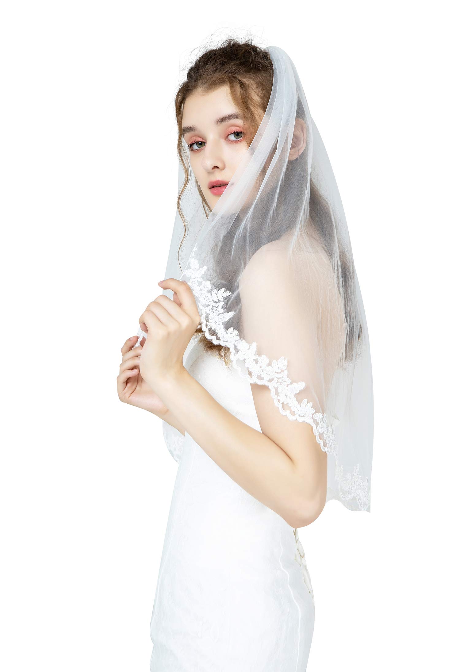BEAUTELICATE 1 Capa Velo de Novia Boda Blanco Marfil Corto Suave Tul Sencillo Encaje Borde Con Peine V71 y V132